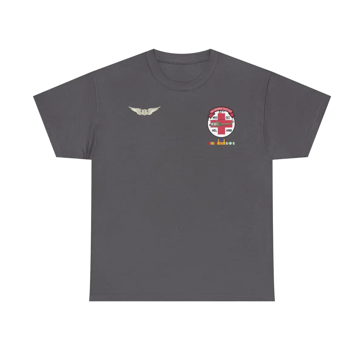 T-Shirt — - 57Th Medical Detachment "Original Dustoff" With Aviator Wings, Air Medal W Number 33 And Vietnam Service W Air Medal 33 1