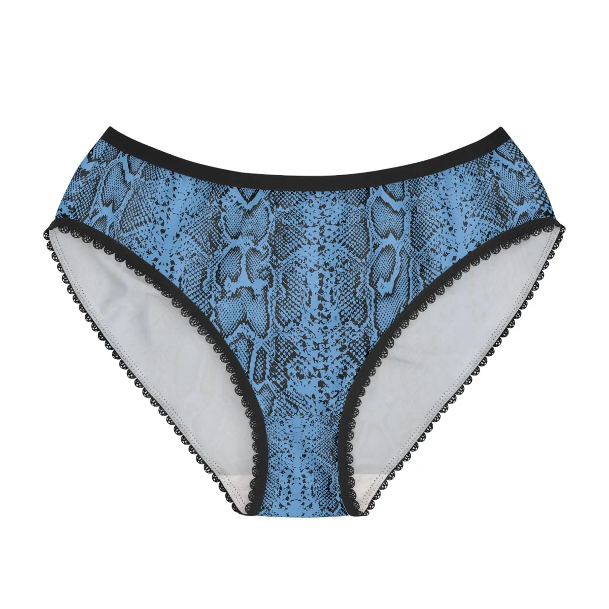Stylish Women's Briefs With Snake Print, Trendy Underwear, High Waist Briefs, Comfortable Lingerie - Black And White Snake Skin - Light Blue 1