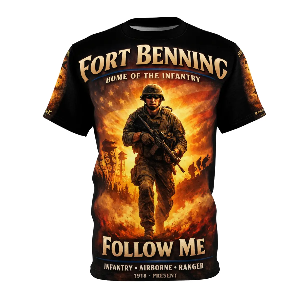 Fort Benning Infantry Tribute All‑Over Print Tee — "Follow Me, I Am The Infantry" 1