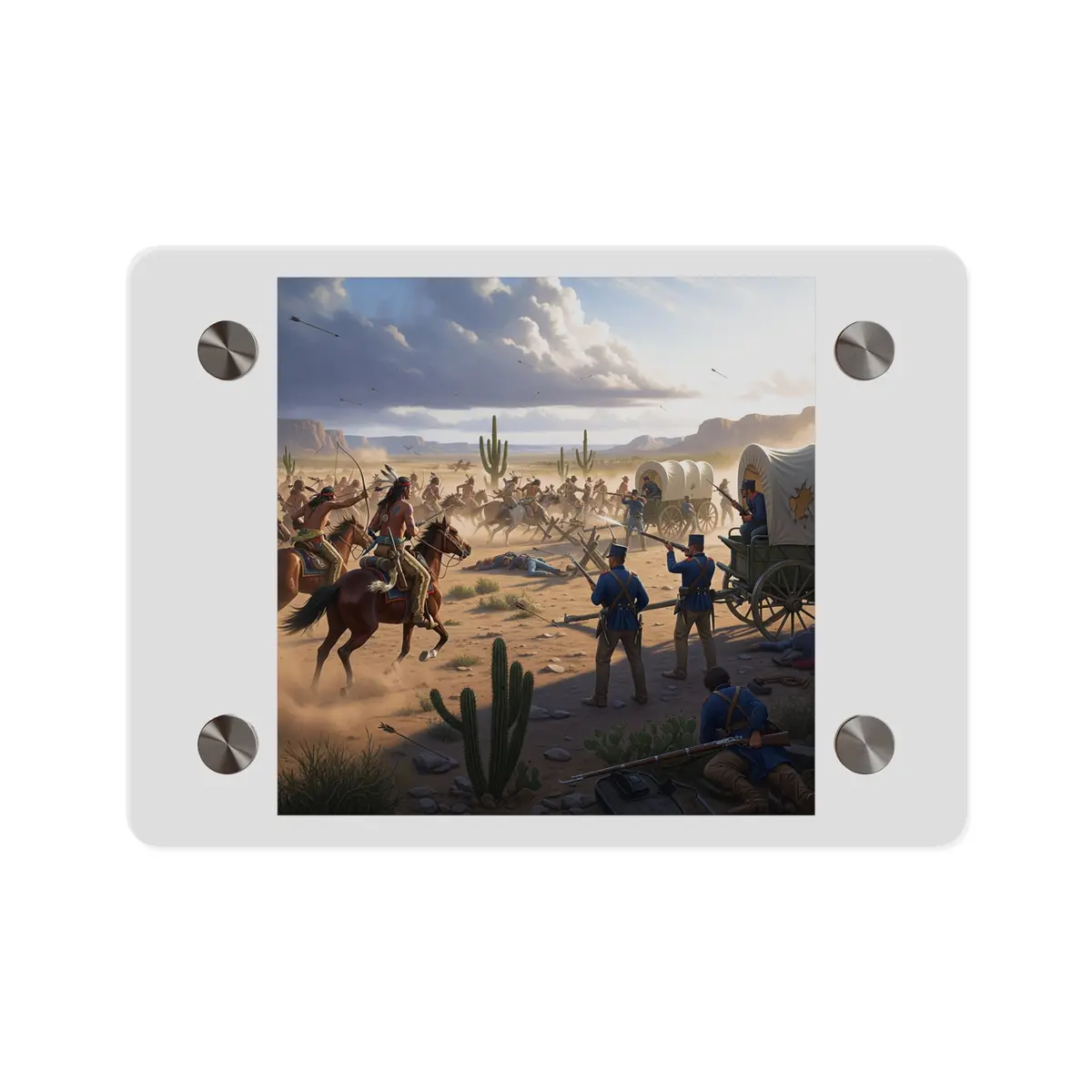 Acrylic Wall Art Panel - Apache Indians Attacking A Us Army Defending A Wagon Train 1