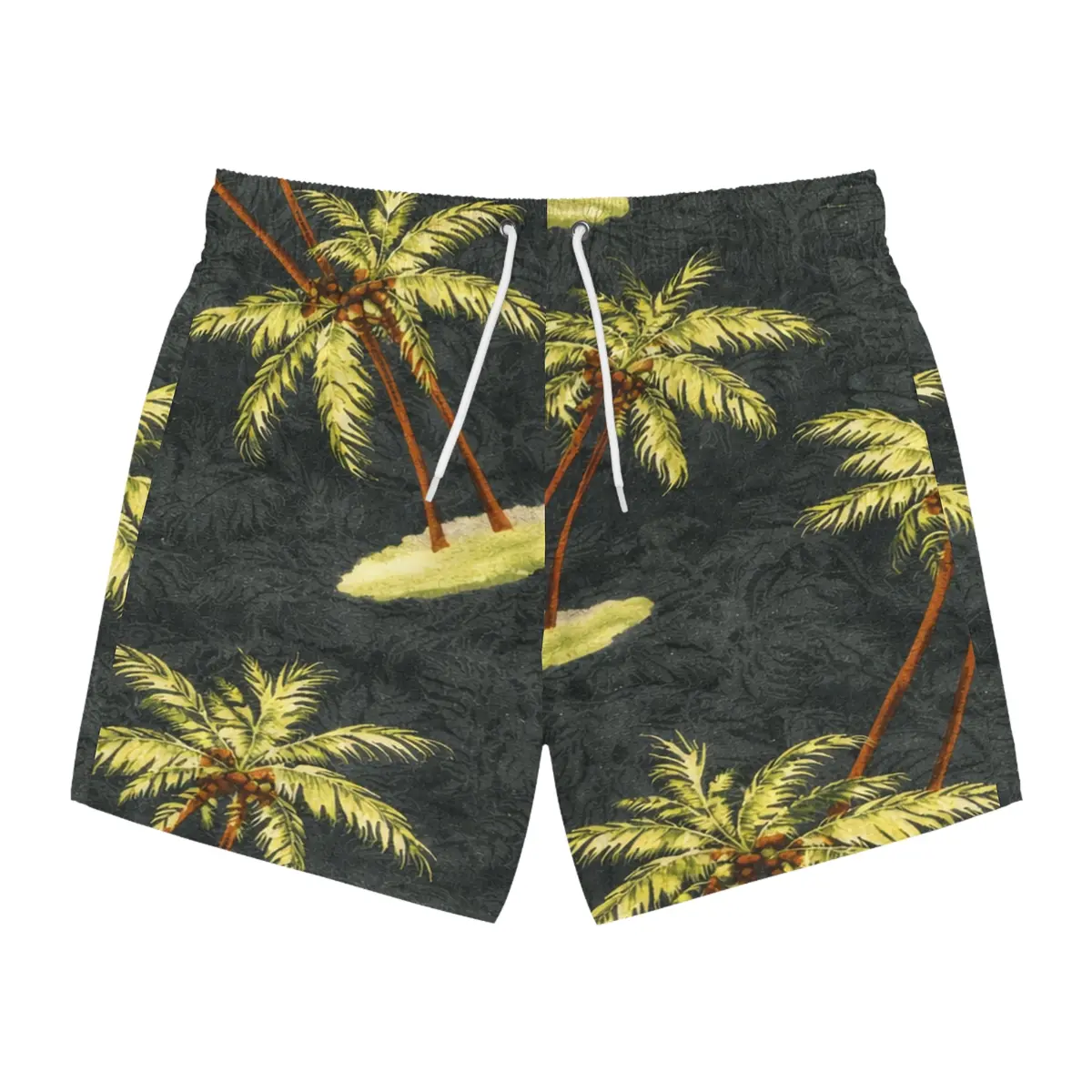 Tropical Palm Island Swim Trunks — Vintage Hawaiian Beach Shorts 1