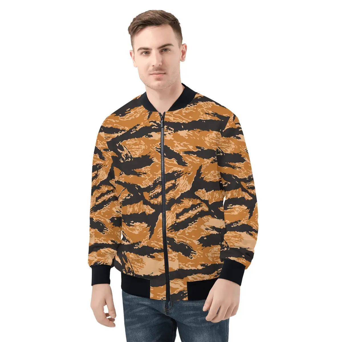 Mens All Over Print Zip Up Bomber Jacket - Vietnam Tiger Stripe Orange X 300 1