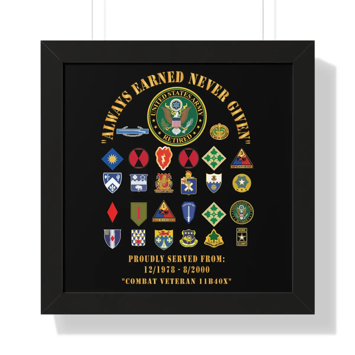 Honorable Veteran Framed Poster, Military Wall Art, Retirement Gift, Veteran's Day Decor, Personalized Military Tribute - Combat Veteran - 11B40x - Retired Army With Multi Units 9