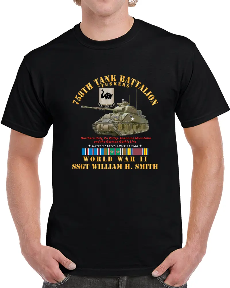 Army - 758Th Tank Battalion, "Tuskers", With Tank, World War Ii With European Theater Service Ribbons - T Shirt - Classic 1