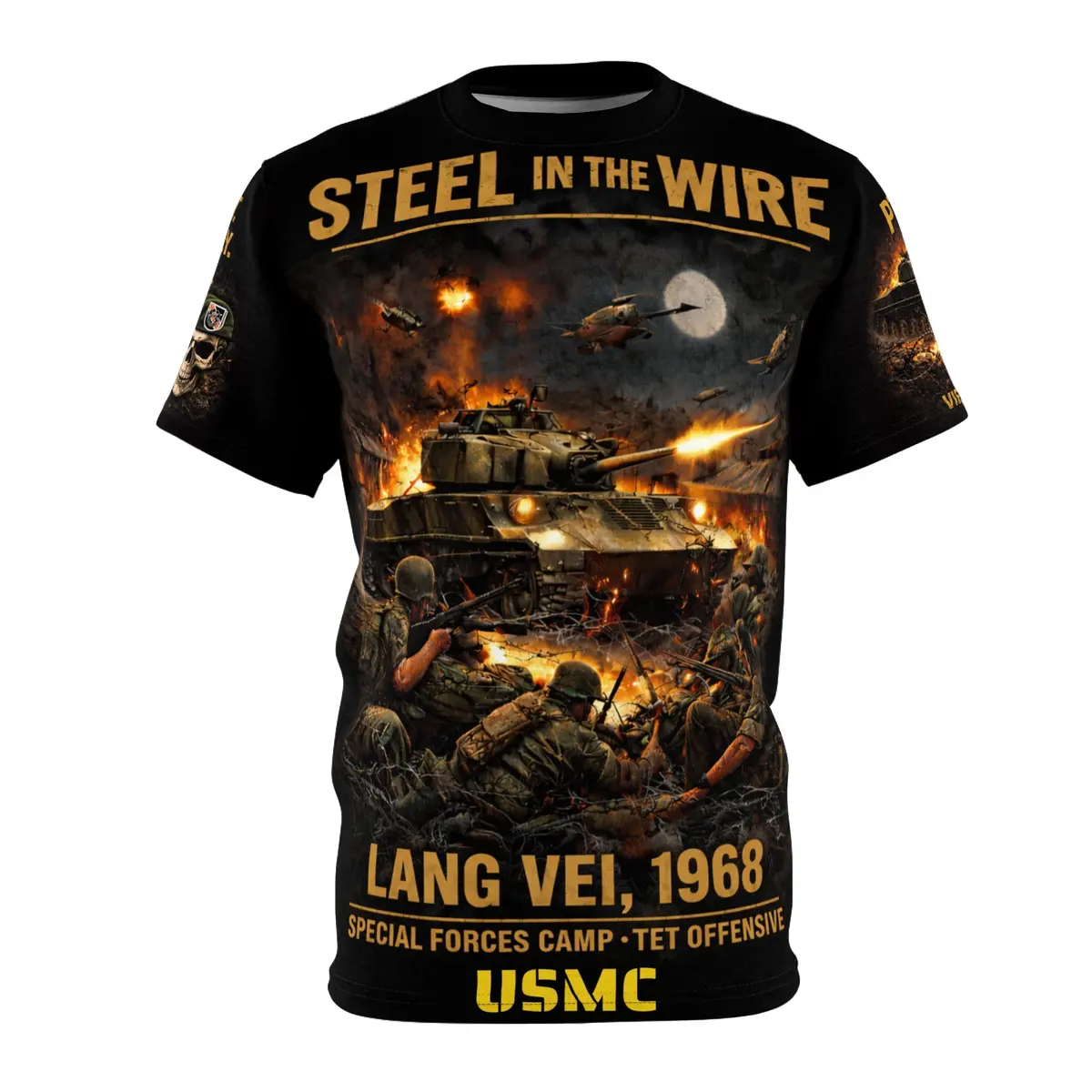 Lang Vei 1968 Special Forces Camp All‑Over Print Tee — "Steel In The Wire" - Usmc 1