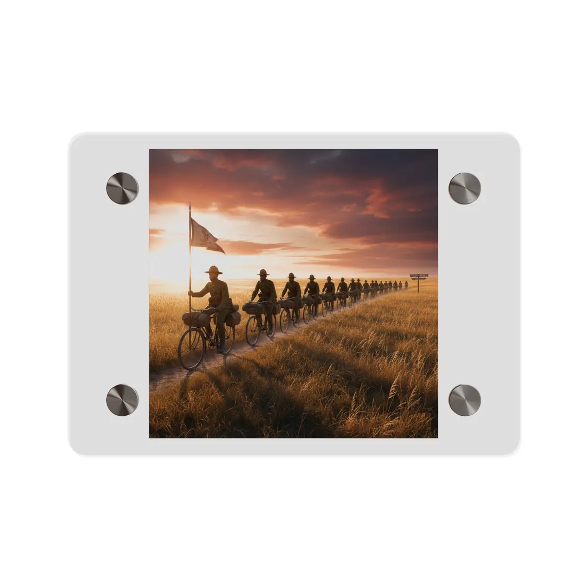 Acrylic Wall Art Panel - E Company 25Th Infantry Buffalo Soldiers Bicycle Corps With Guidon On The Prairie At Sunset 1