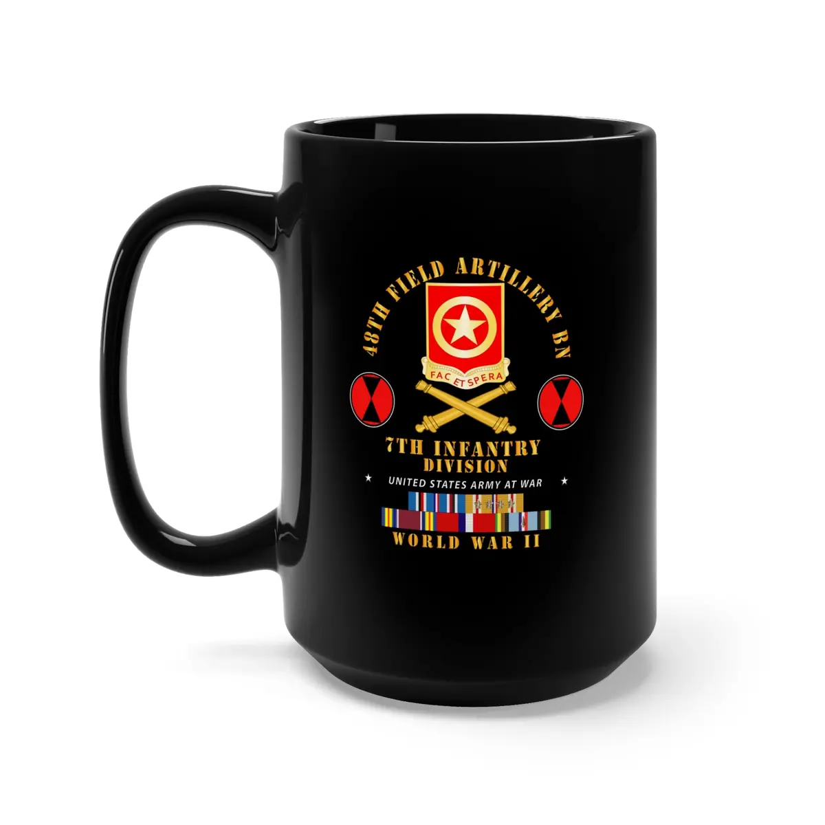 Black Mug 15Oz - Army  - 48Th Field Artillery Bn- 7Th Inf Div - Wwii W Arr Exp Pac Phil Svc 1