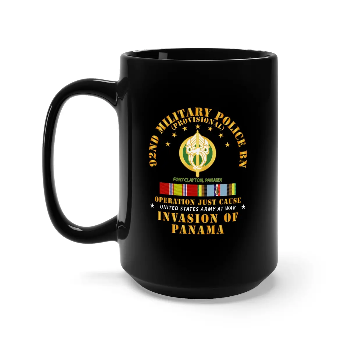 Black Mug 15Oz - Just Cause - 92Nd Military Police Bn- Ft Clayton Panama W Svc Ribbons 1