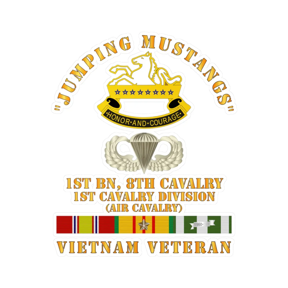 Kiss-Cut Vinyl Decals - Army - Jumping Mustangs W Dui - Abn Basic - 1St Bn 8Th Cav W Vn Svc 1