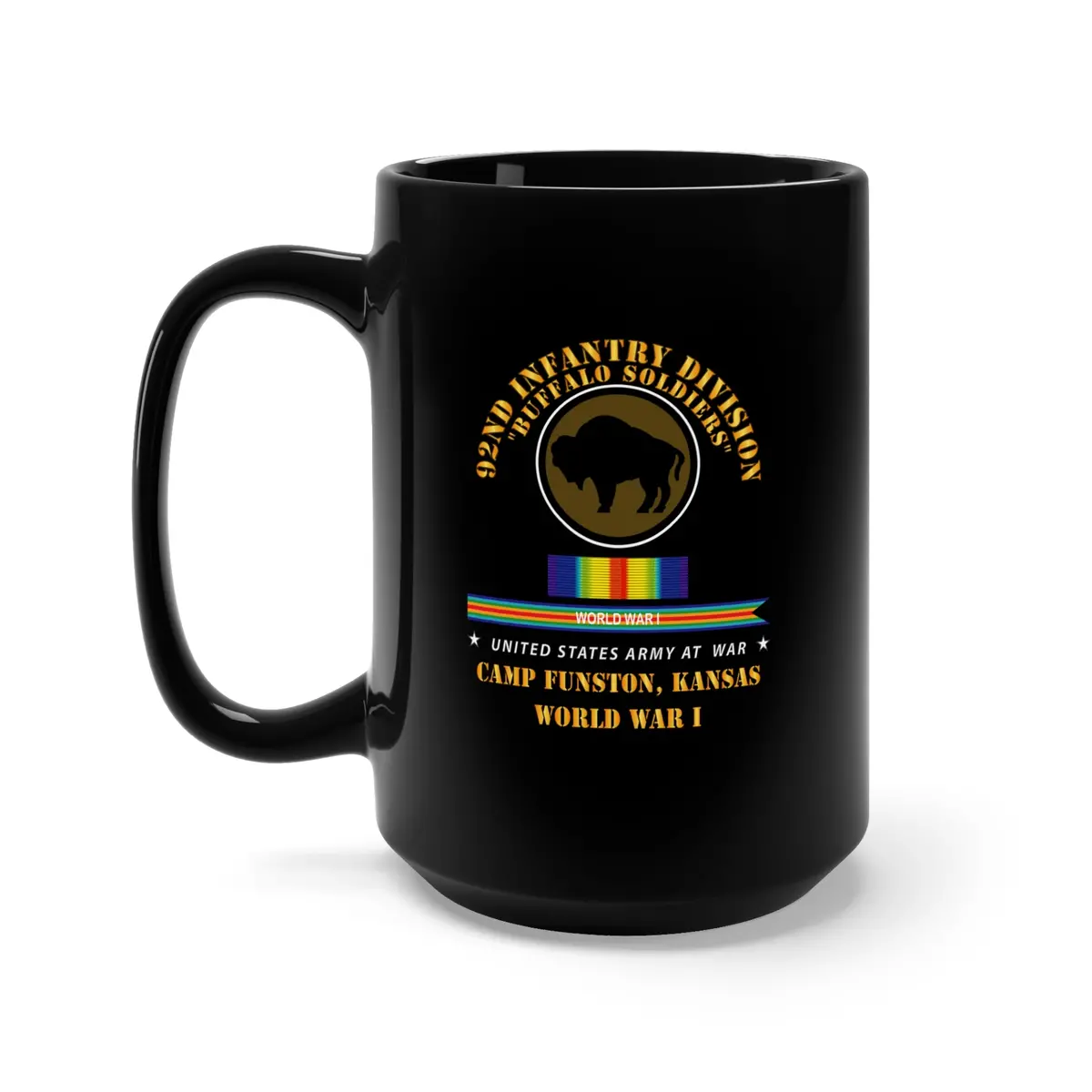 Black Mug 15Oz - Army - 92Nd Infantry Division - Buffalo Soldiers - Camp Funston Ks - Wwi 1