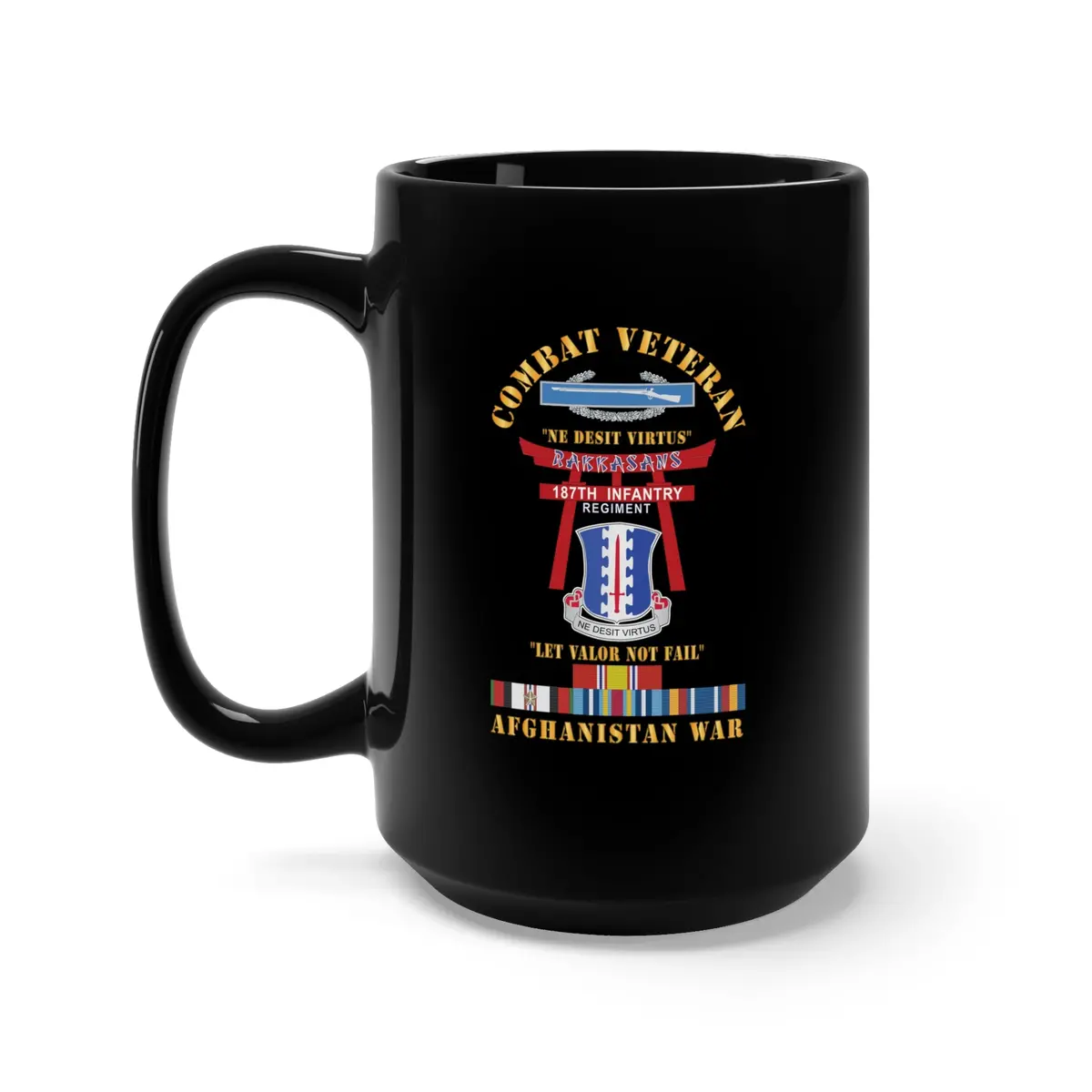 Black Mug 15Oz - Army - Combat Veteran - 187Th Infantry Regiment - Torii, Rakkasans, Let Valor Not Fail, English, Latin W Cib W Afghan Svc X 300 1