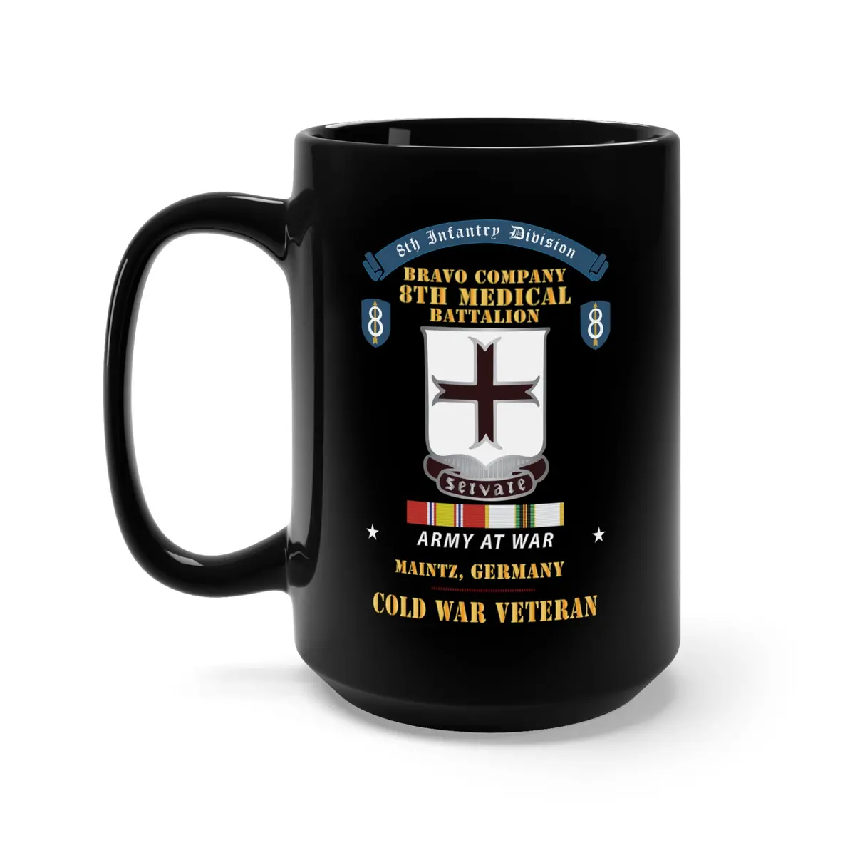 Black Mug 15Oz - Bravo Company - 8Th Medical Battalion, 8Th Infantry Division Scroll -  Maintz Germany - Cold War Vet W Cold Svc X 300 1