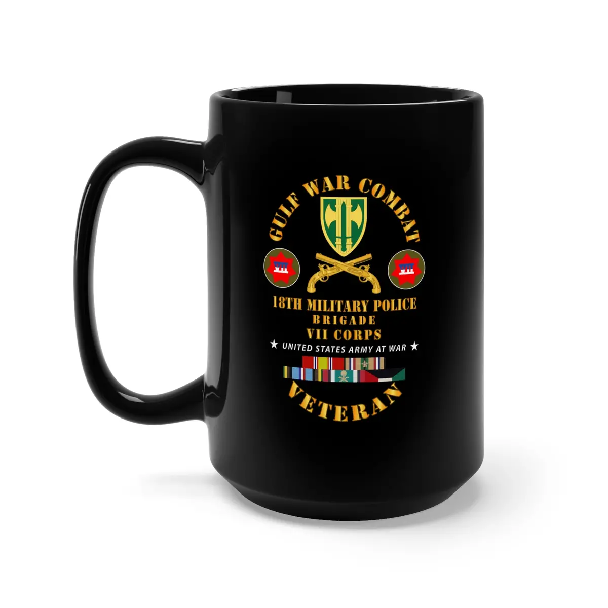 Black Mug 15Oz - Army - Gulf War Combat Vet - 18Th Mp Brigade - Vii Corps W Gulf Svc 1
