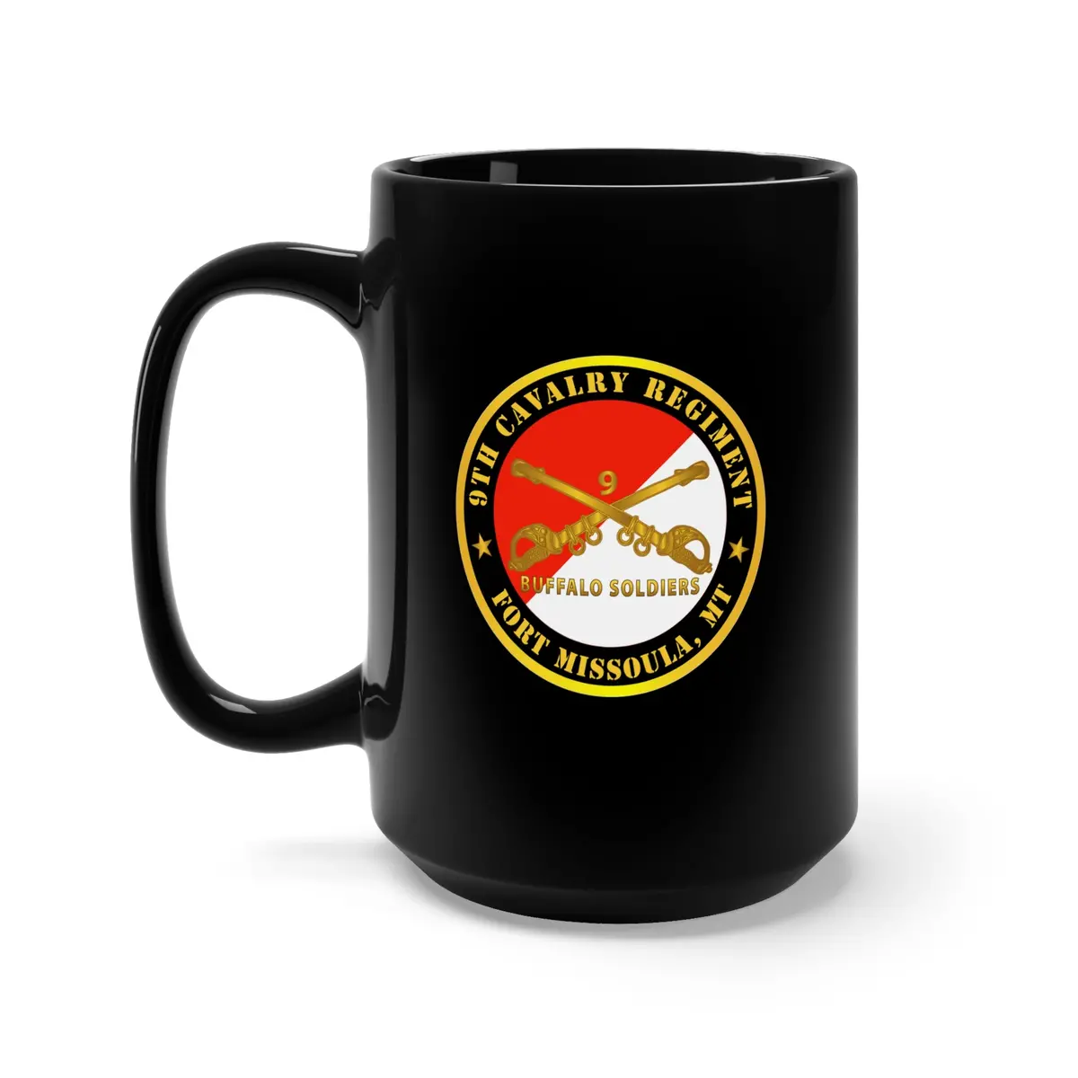 Black Mug 15Oz - Army - 9Th Cavalry Regiment - Fort Missoula,  Mt - Buffalo Soldiers W Cav Branch 1