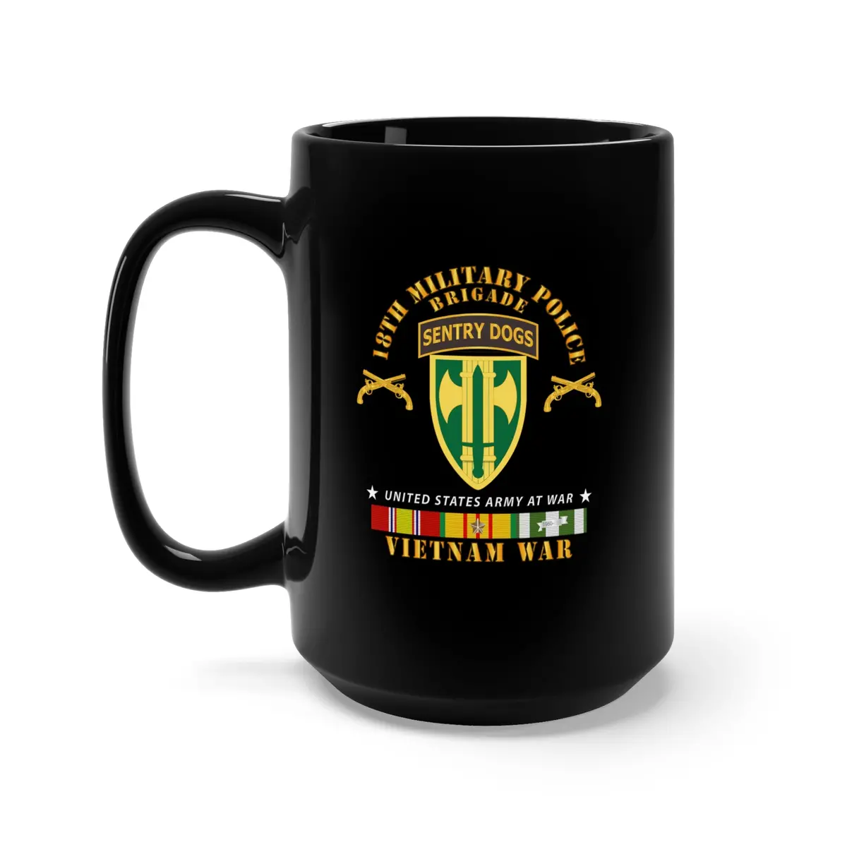 Black Mug 15Oz - Army - 18Th Mp Brigade - Sentry Dogs Tab - Vietnam W Vn Svc 1