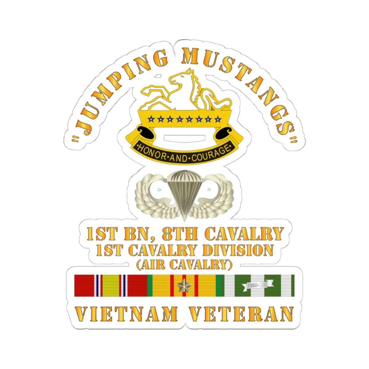 Kiss - Cut Stickers - Army - Jumping Mustangs W Dui - Abn Basic - 1St Bn 8Th Cav W Vn Svc 1
