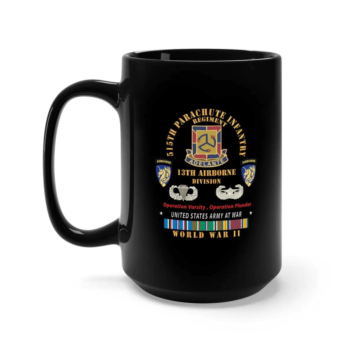 Black Mug 15Oz - Army - 515Th Parachute Infantry Regiment - Dui - 13Th Airborne Div W Parachute - Eur Svc Wwii X 300 1