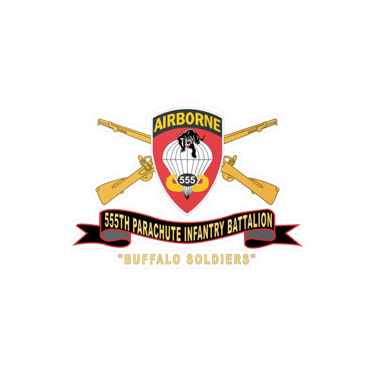 Kiss-Cut Vinyl Decals - Army - 555Th Parachute Infantry Battalion - Ssi - Black - Red Buffalo Soldiers W Br - Rib 1