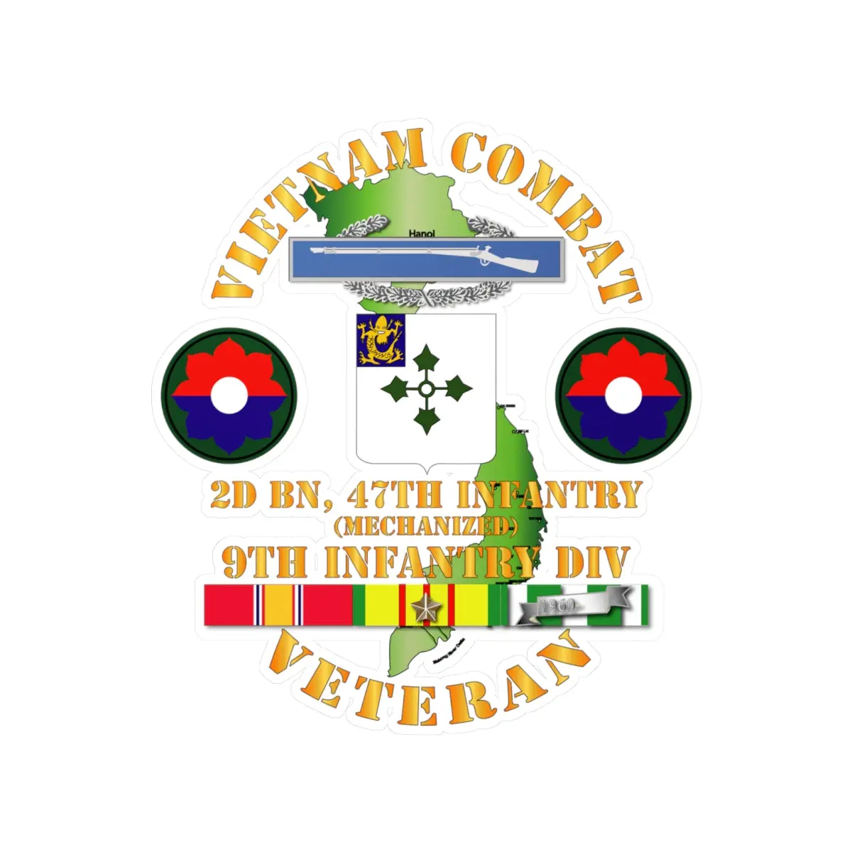 Kiss-Cut Vinyl Decals - Army - Vietnam Combat Infantry Veteran W 2Nd Bn 47Th Inf  (Mech) - 9Th Id Ssi 1