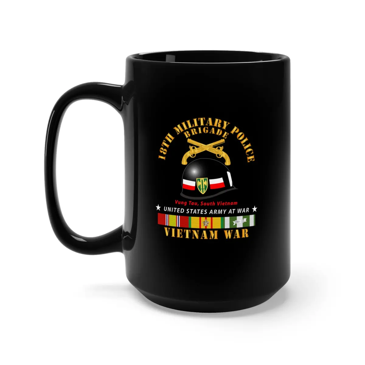 Black Mug 15Oz - Army - 18Th Mp Brigade - Helmet -  Vietnam W Svcv1 1