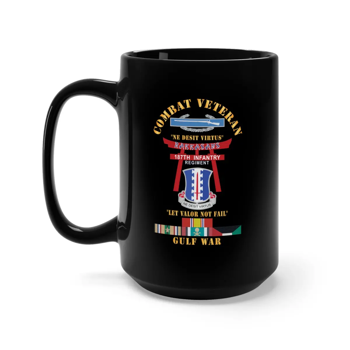 Black Mug 15Oz - Army - Combat Veteran - 187Th Infantry Regiment - Torii, Rakkasans, Let Valor Not Fail, English, Latin W Cib W Gulf Svc X 300 1