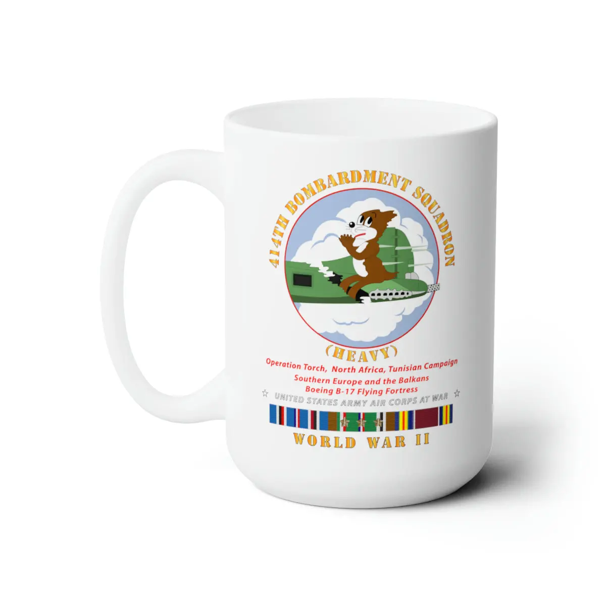 White Ceramic Mug 15Oz - Army - 414Th Bombardment Squadron (Heavy) - Aac W  Wwii  Eu Svc 1