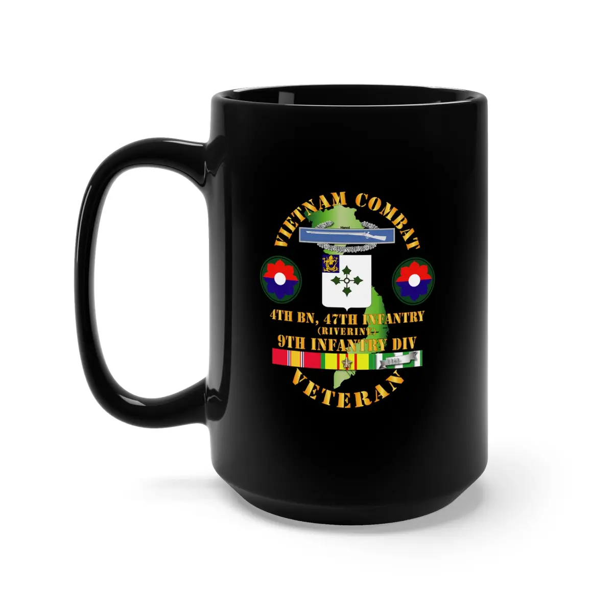 Black Mug 15Oz - Army - Vietnam Combat Infantry Veteran W 4Th Bn 47Th Inf  (Riverine) - 9Th Id Ssi 1
