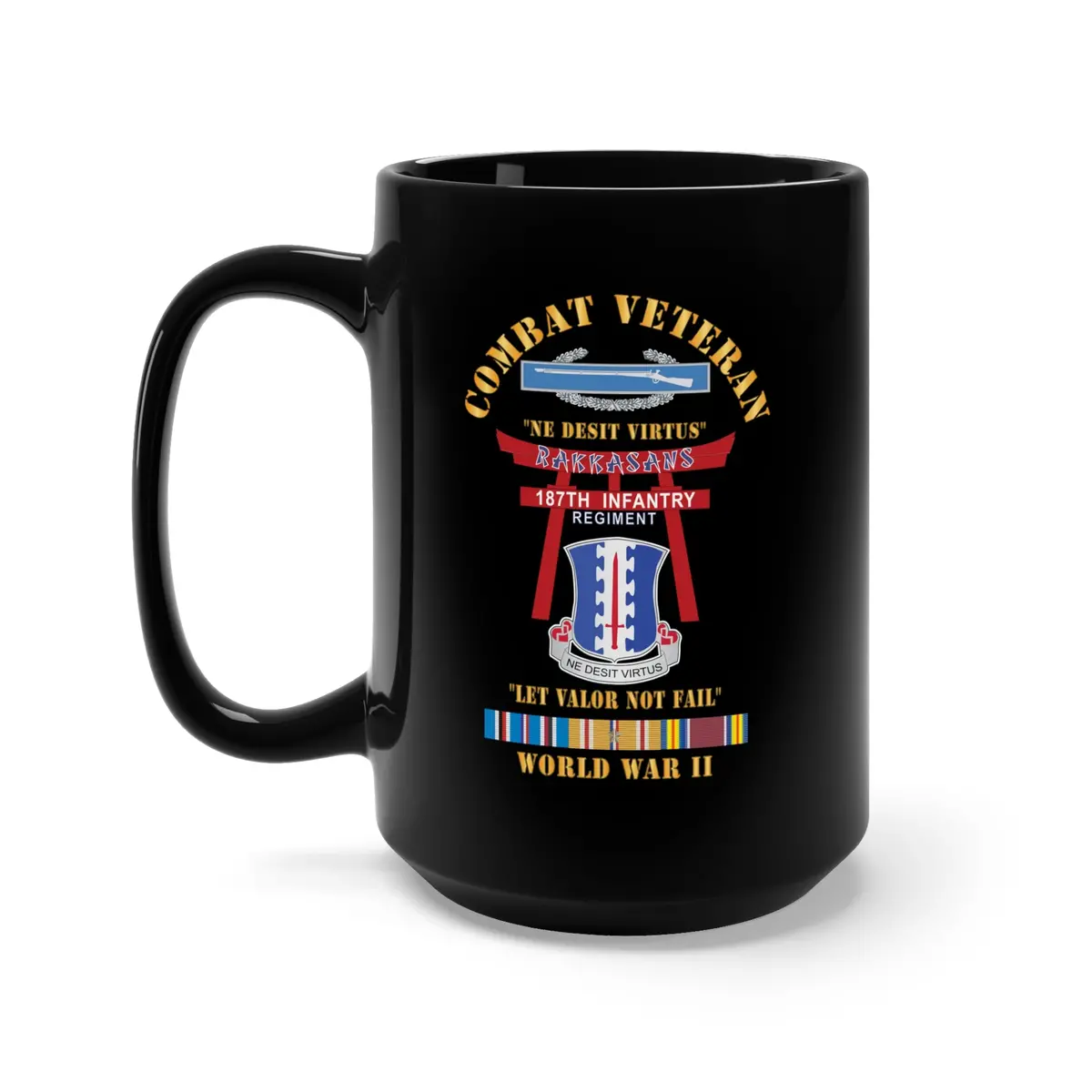 Black Mug 15Oz - Army - Combat Veteran - 187Th Infantry Regiment - Torii, Rakkasans, Let Valor Not Fail, English, Latin W Cib W Wwii Pac Svc X 300 1
