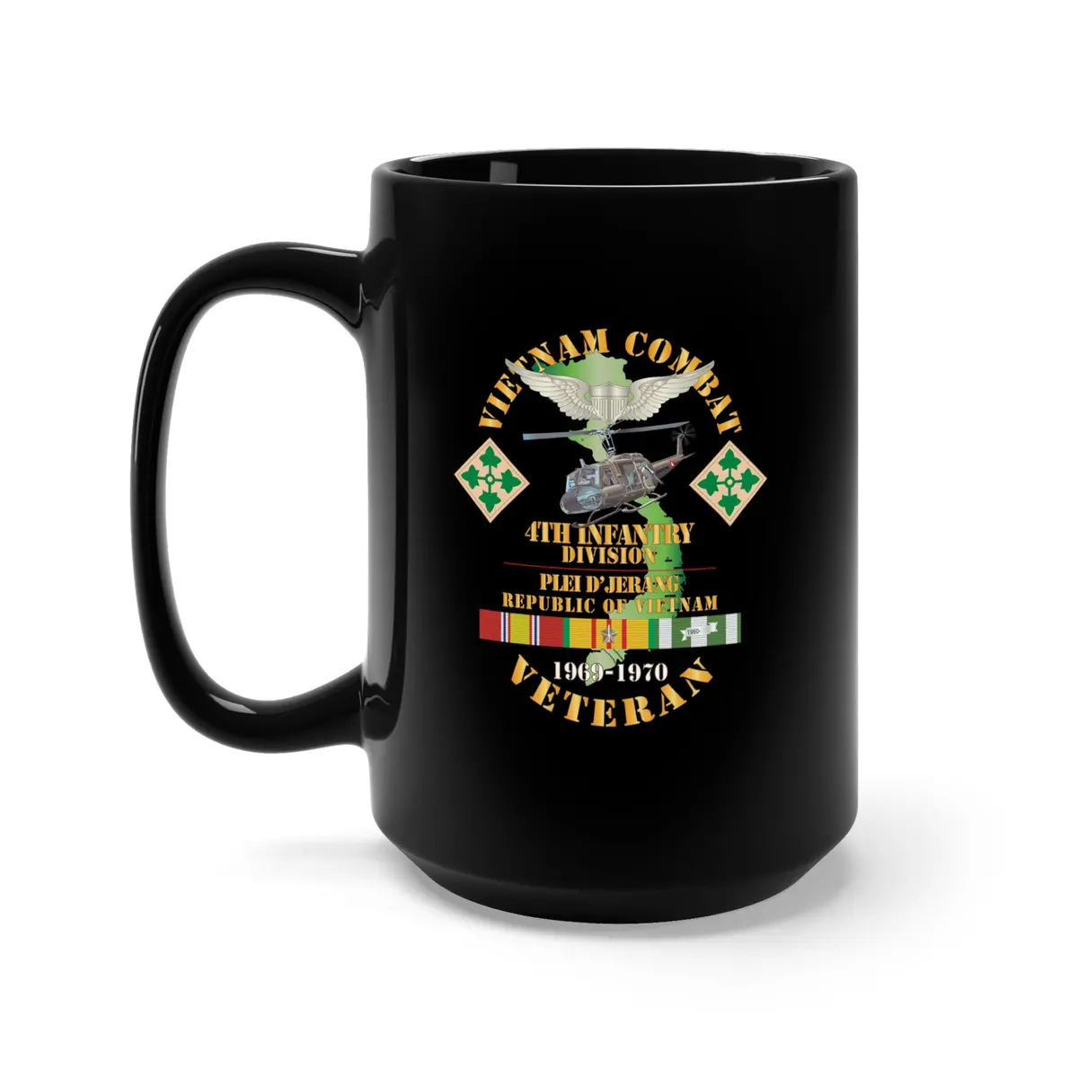 Black Mug 15Oz - Army - Vietnam Combat Veteran W Aviator Badge - Plei D’Jerang, Rvn- 4Th Id Ssi X 300 1