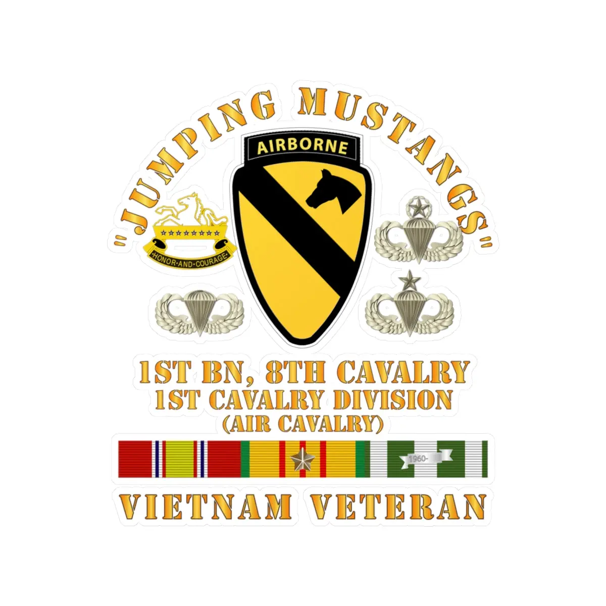 Kiss-Cut Vinyl Decals - Army - Jumping Mustangs - 1St Bn 8Th Cav 1St Cav - W Vn Svc 1