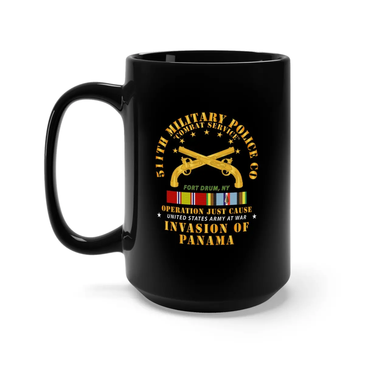 Black Mug 15Oz - Just Cause - 511Th Military Police Co - Ft Drum, Ny W Svc Ribbons 1