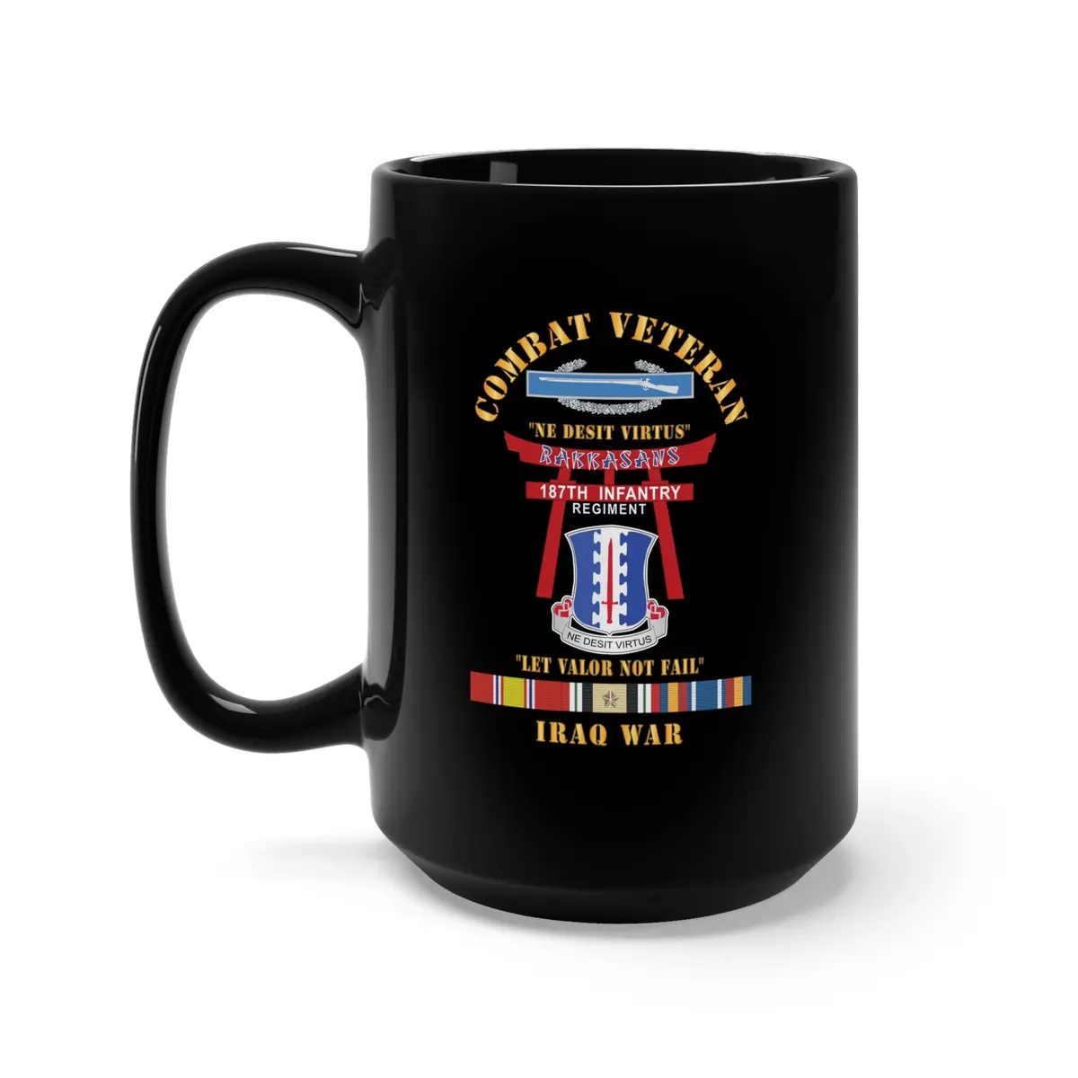 Black Mug 15Oz - Army - Combat Veteran - 187Th Infantry Regiment - Torii, Rakkasans, Let Valor Not Fail, English, Latin W Cib W Iraq Svc X 300 1