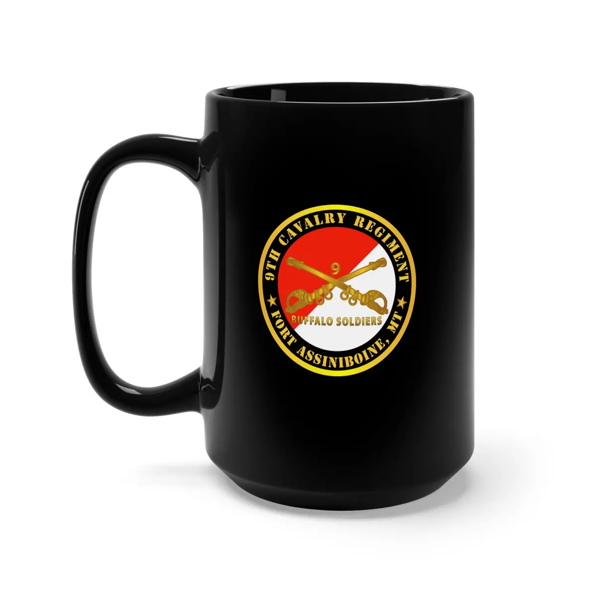 Black Mug 15Oz - Army - 9Th Cavalry Regiment - Fort Assiniboine,  Mt - Buffalo Soldiers W Cav Branch 1