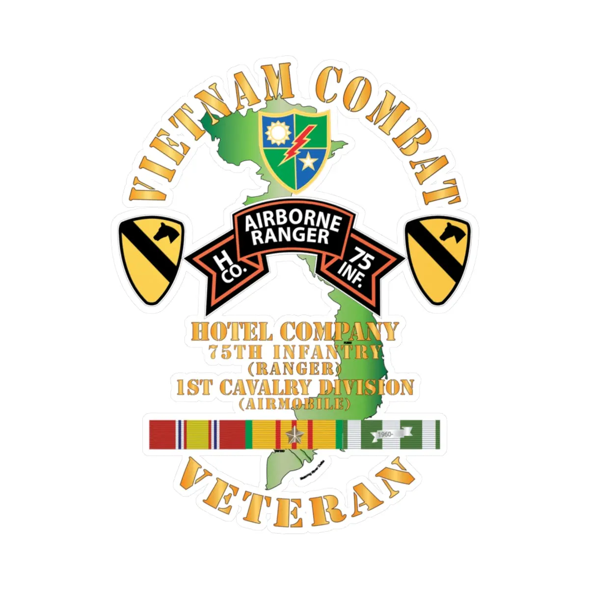 Kiss-Cut Vinyl Decals - Army - Vietnam Combat Veteran - H Co 75Th Inf Ranger - 1St Cav Div X 300 1
