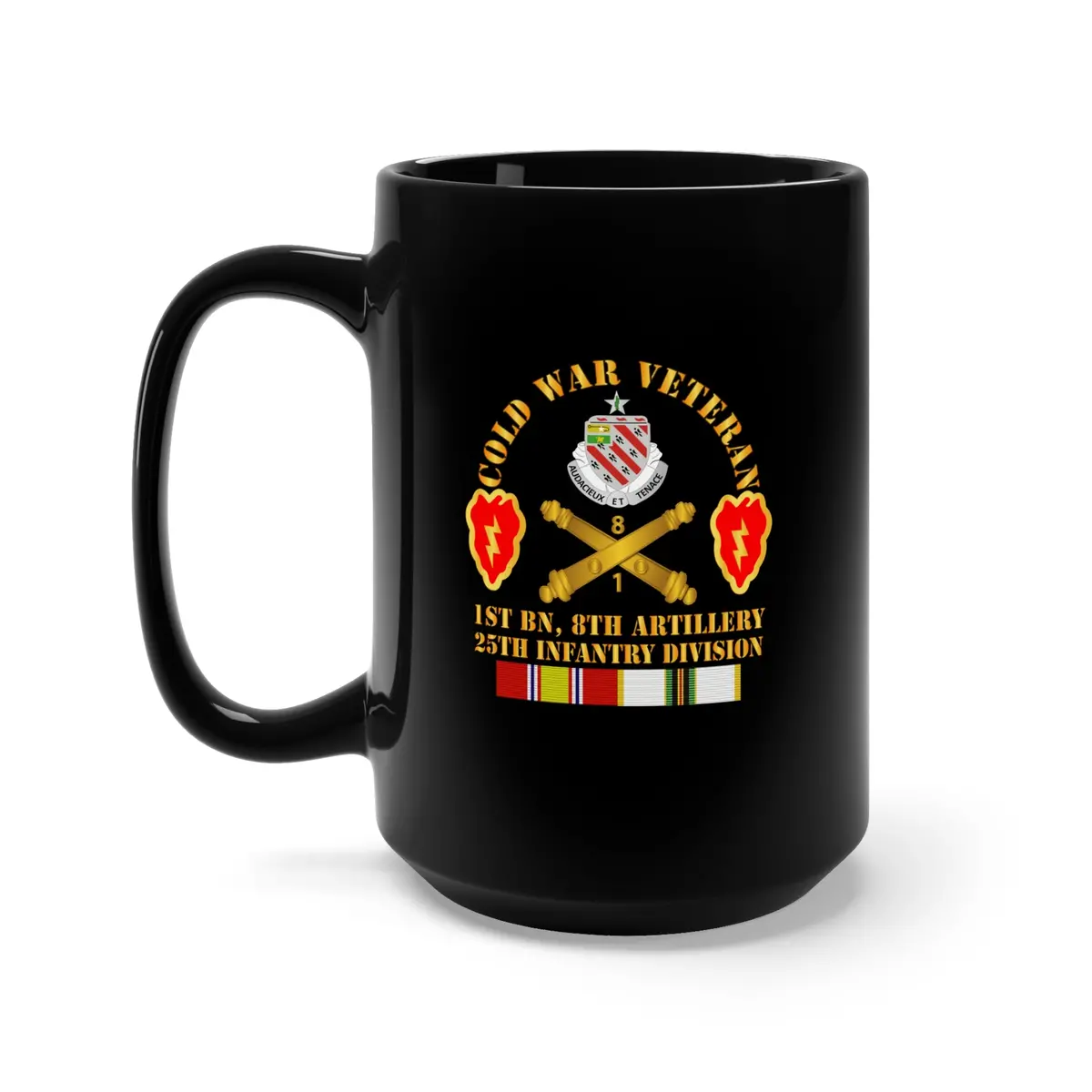 Black Mug 15Oz - Army - Cold War Vet W 1St Bn 8Th Artillery - 25Th Id W Cold Svc 1