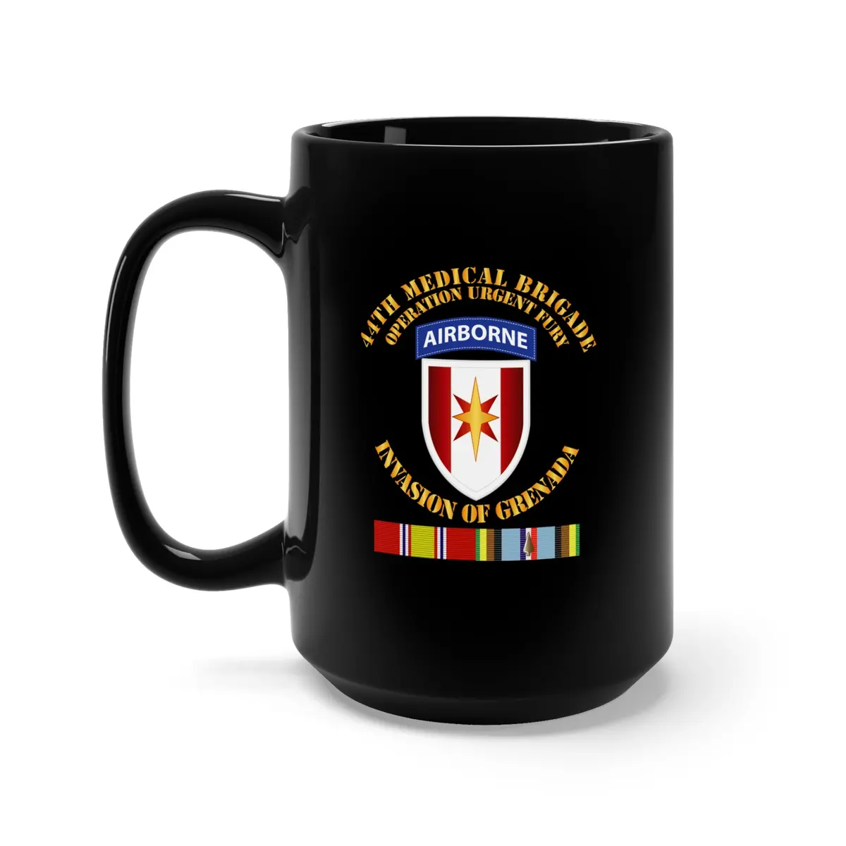 Black Mug 15Oz - Army - Grenada - 44Th Med Bde Operation Urgent Fury W Svc Ribbons 1