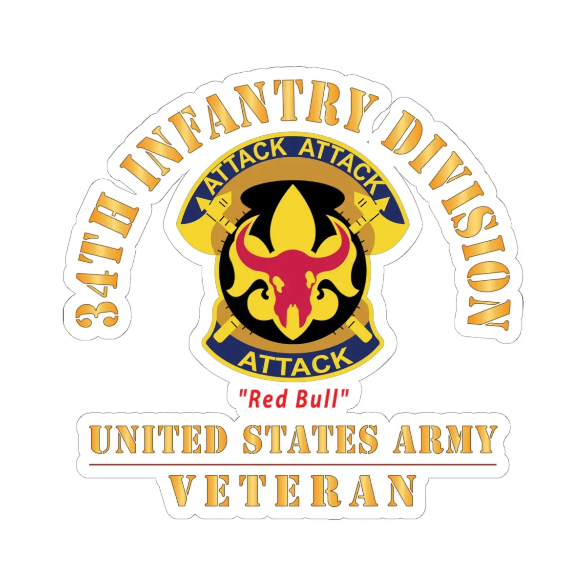 Kiss - Cut Stickers - Army - Dui - 34Th Infantry Division - Red Bull - Us Army Veteran X 300 1
