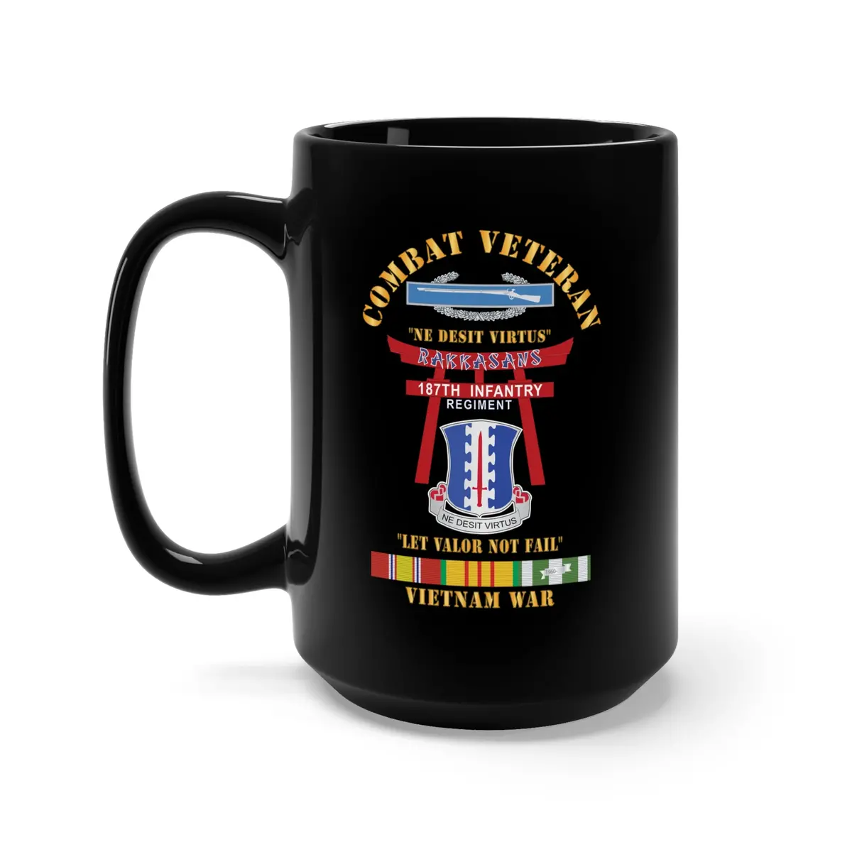 Black Mug 15Oz - Army - Combat Veteran - 187Th Infantry Regiment - Torii, Rakkasans, Let Valor Not Fail, English, Latin W Cib W Vn Svc X 300 1