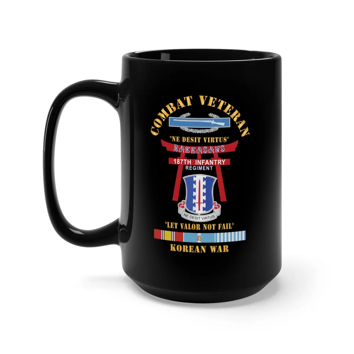 Black Mug 15Oz - Army - Combat Veteran - 187Th Infantry Regiment - Torii, Rakkasans, Let Valor Not Fail, English, Latin W Cib W Korea Svc X 300 1