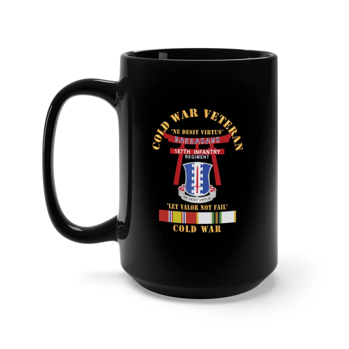 Black Mug 15Oz - Army - Cold War Veteran - 187Th Infantry Regiment - Torii, Rakkasans, Let Valor Not Fail, English, Latin W Cold Svc X 300 1