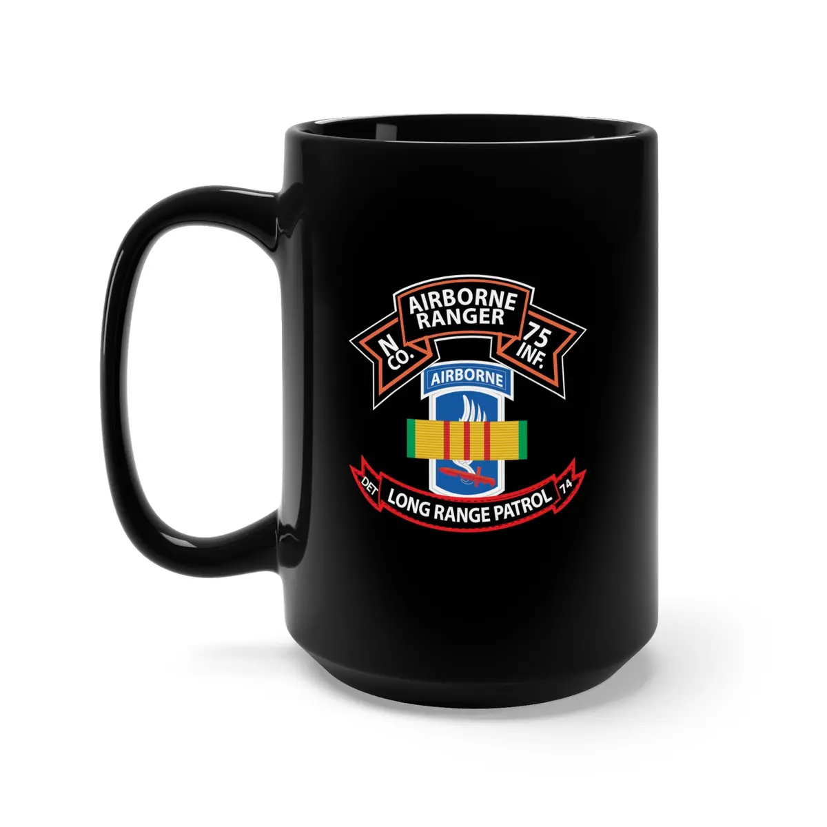 Black Mug 15Oz - Ssi - Vietnam - N Co 75Th Ranger - 173Rd Airborne Brigade - Vn Ribbon - Lrsd X 300 1
