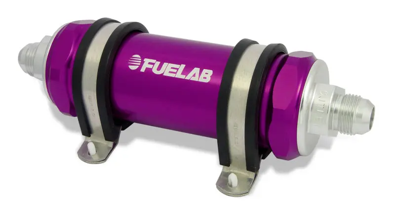 Fuelab 828 Inline Fuel Filter – Stainless Steel, -10An Inlet / -6An Outlet, 40 Micron, Purple Housing 1