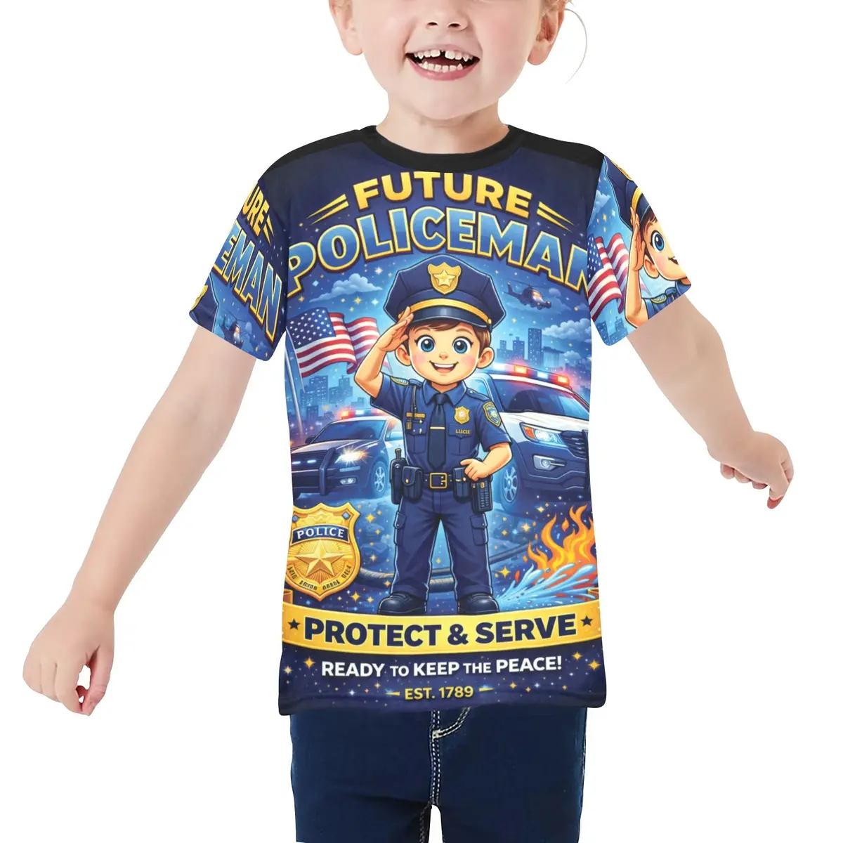 Little Kids' All Over Print Crew Neck T-Shirt - Young Patriot - Future Policeman 1