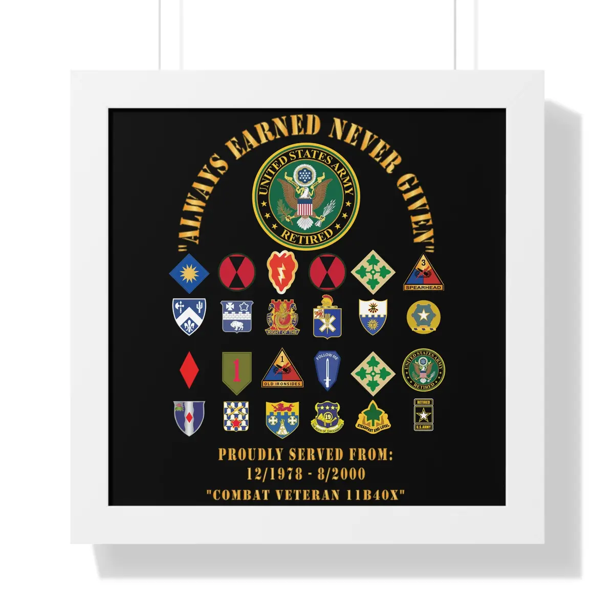 Honorable Veteran Framed Poster, Military Wall Art, Retirement Gift, Veteran's Day Decor, Personalized Military Tribute - Combat Veteran - 11B40x - Retired Army With Multi Units 10