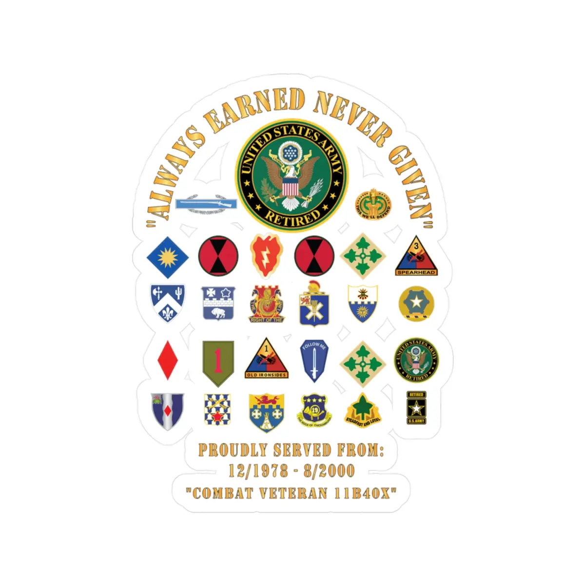 Veteran Pride Kiss-Cut Vinyl Decals | Military Tribute Stickers, Honor Your Service, Perfect For Cars, Laptops, Decor - Combat Veteran - 11B40x - Retired Army With Multi Units 1