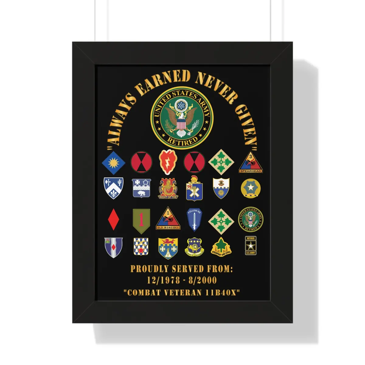 Honorable Veteran Framed Poster, Military Wall Art, Retirement Gift, Veteran's Day Decor, Personalized Military Tribute - Combat Veteran - 11B40x - Retired Army With Multi Units 3