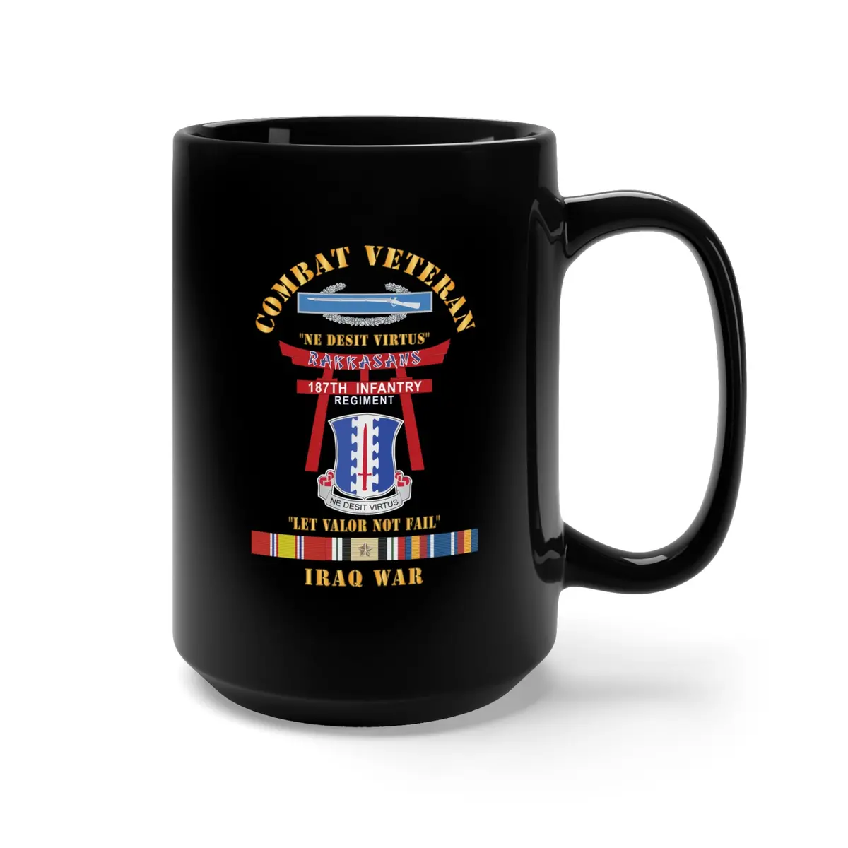 Black Mug 15Oz - Army - Combat Veteran - 187Th Infantry Regiment - Torii, Rakkasans, Let Valor Not Fail, English, Latin W Cib W Iraq Svc X 300 2
