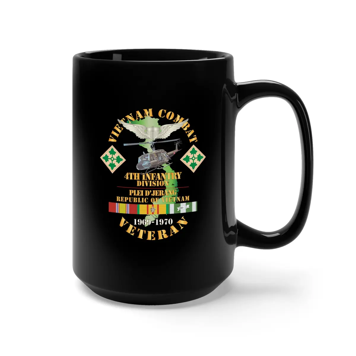 Black Mug 15Oz - Army - Vietnam Combat Veteran W Aviator Badge - Plei D’Jerang, Rvn- 4Th Id Ssi X 300 2