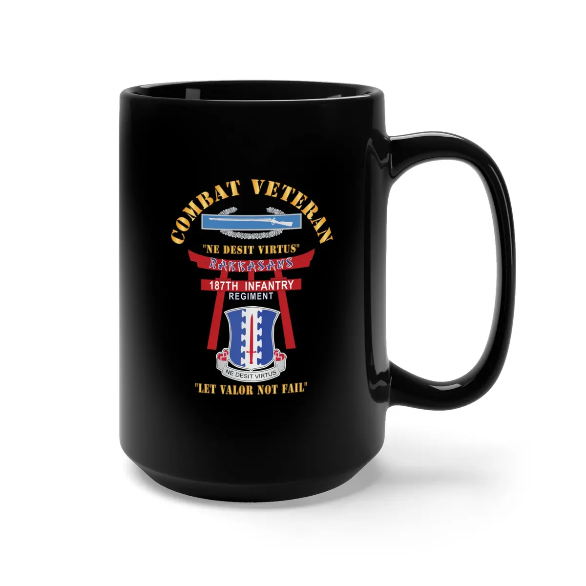 Black Mug 15Oz - Army - Combat Veteran - 187Th Infantry Regiment - Torii, Rakkasans, Let Valor Not Fail, English, Latin W Cib X 300 2