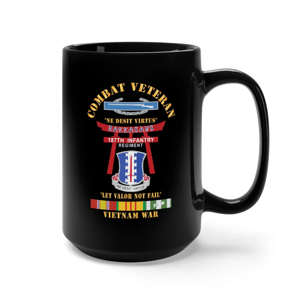 Black Mug 15Oz - Army - Combat Veteran - 187Th Infantry Regiment - Torii, Rakkasans, Let Valor Not Fail, English, Latin W Cib W Vn Svc X 300 2